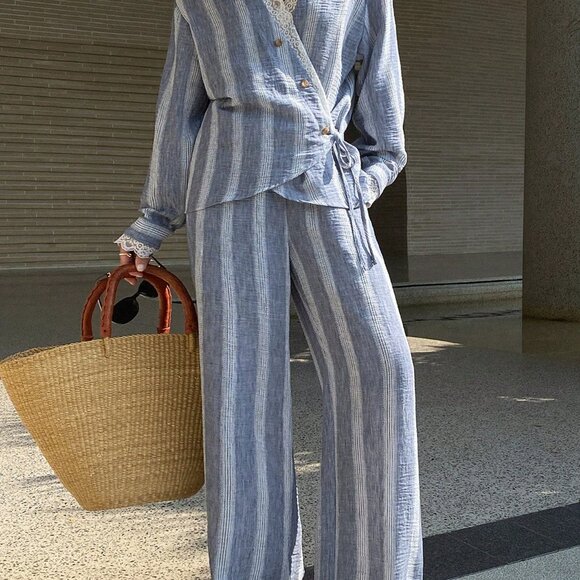 Navy Blue Casual Women's Lace Patchwork Shirt Top And Pants Set - Picture 5 of 7